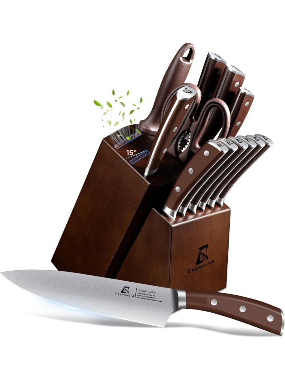 15-Piece Kitchen Knife Set with Rubber Wood Block, Sharp & Durable Upgrade